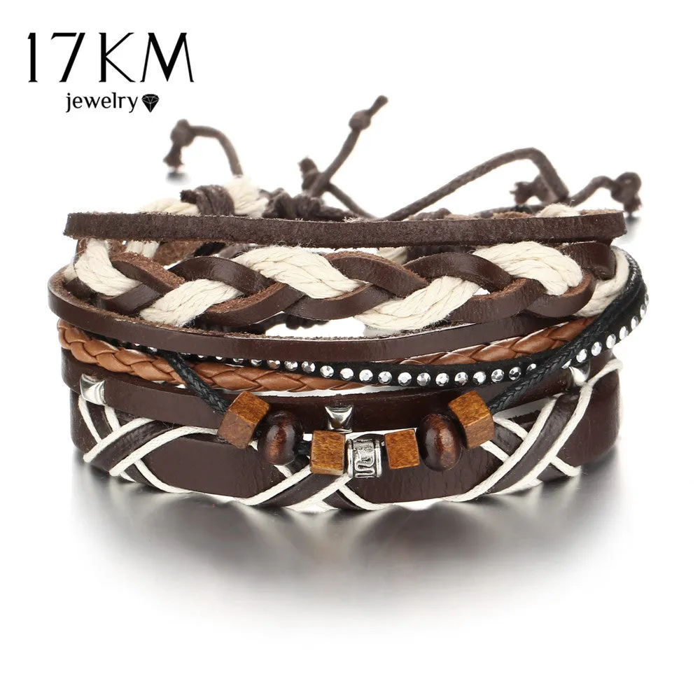 17KM Vintage Multiple layers Punk Wood beads Bracelets & Bangle for Women New Boho Rivet Bracelet Men Female Jewelry