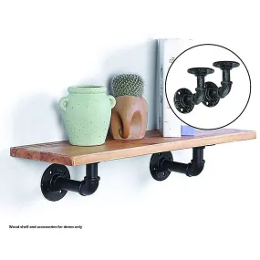 2 Black Pipe Bracket Floating Shelves, Heavy-Duty Iron