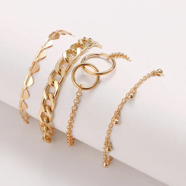 4Pcs Punk Heavy Metal Big Thick Chain Bracelet Set Women Retro Geometric Metal Twist Chain Bangles Bracelet Fashion Jewelry