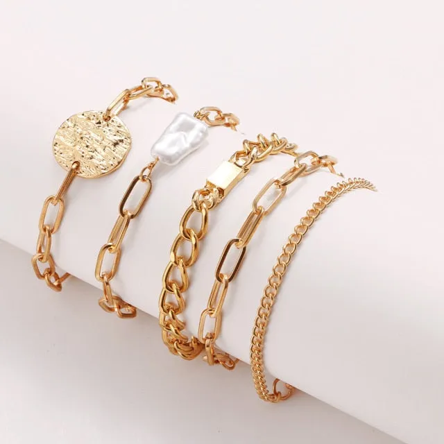 4Pcs Punk Heavy Metal Big Thick Chain Bracelet Set Women Retro Geometric Metal Twist Chain Bangles Bracelet Fashion Jewelry