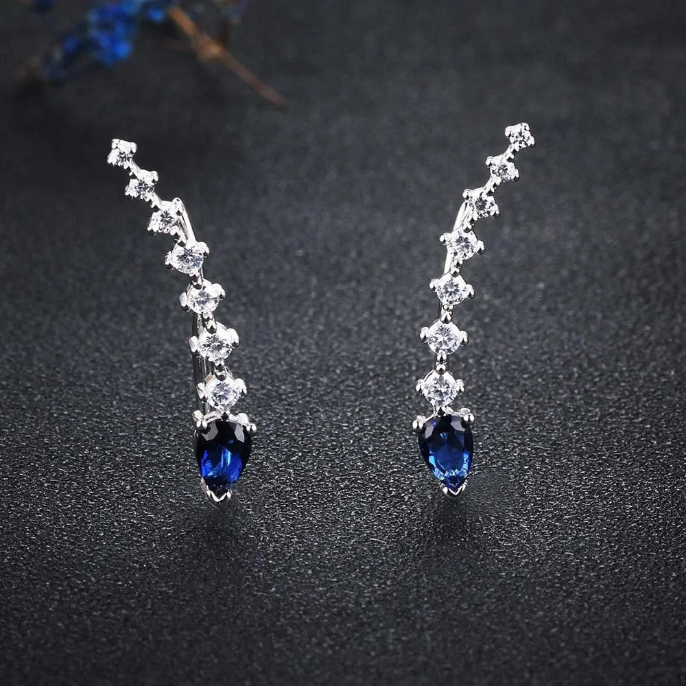 925 Sterling Silver Water Drop Shape Blue Cubic Zirconia Clip Earrings