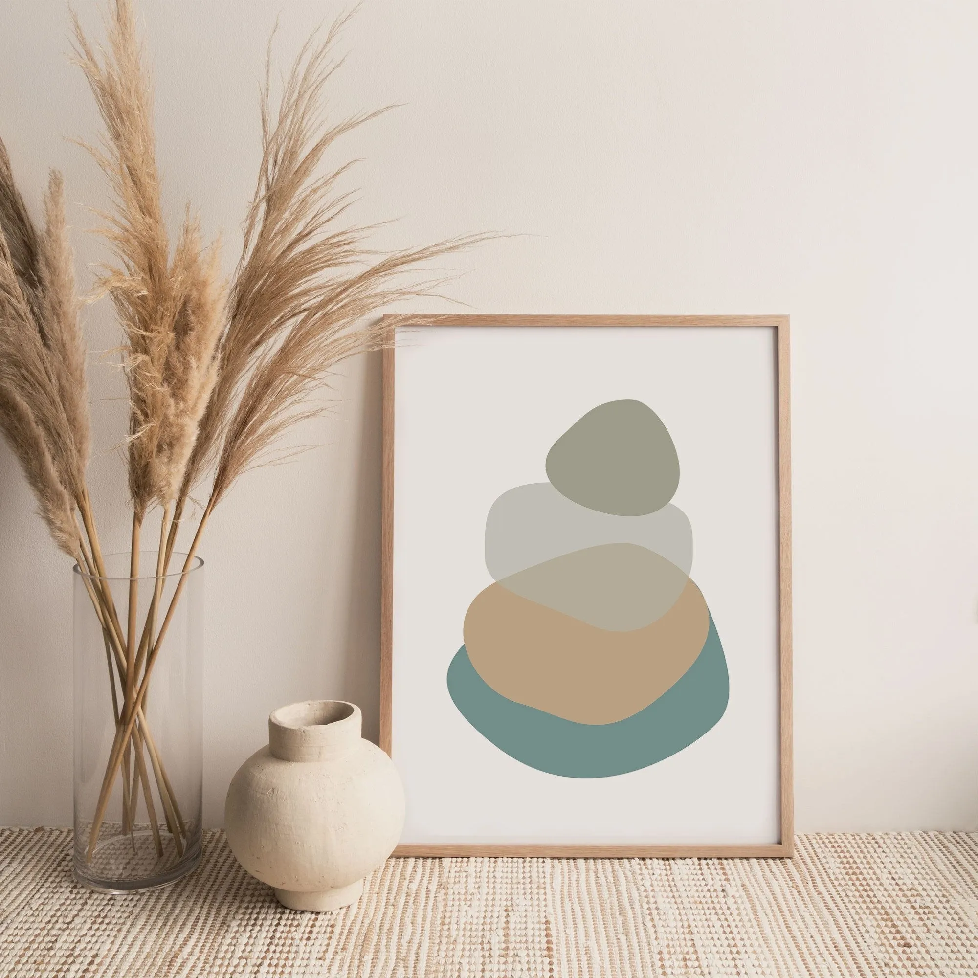 Abstract Bathroom Wall Art in Teal Blue and Sage Green