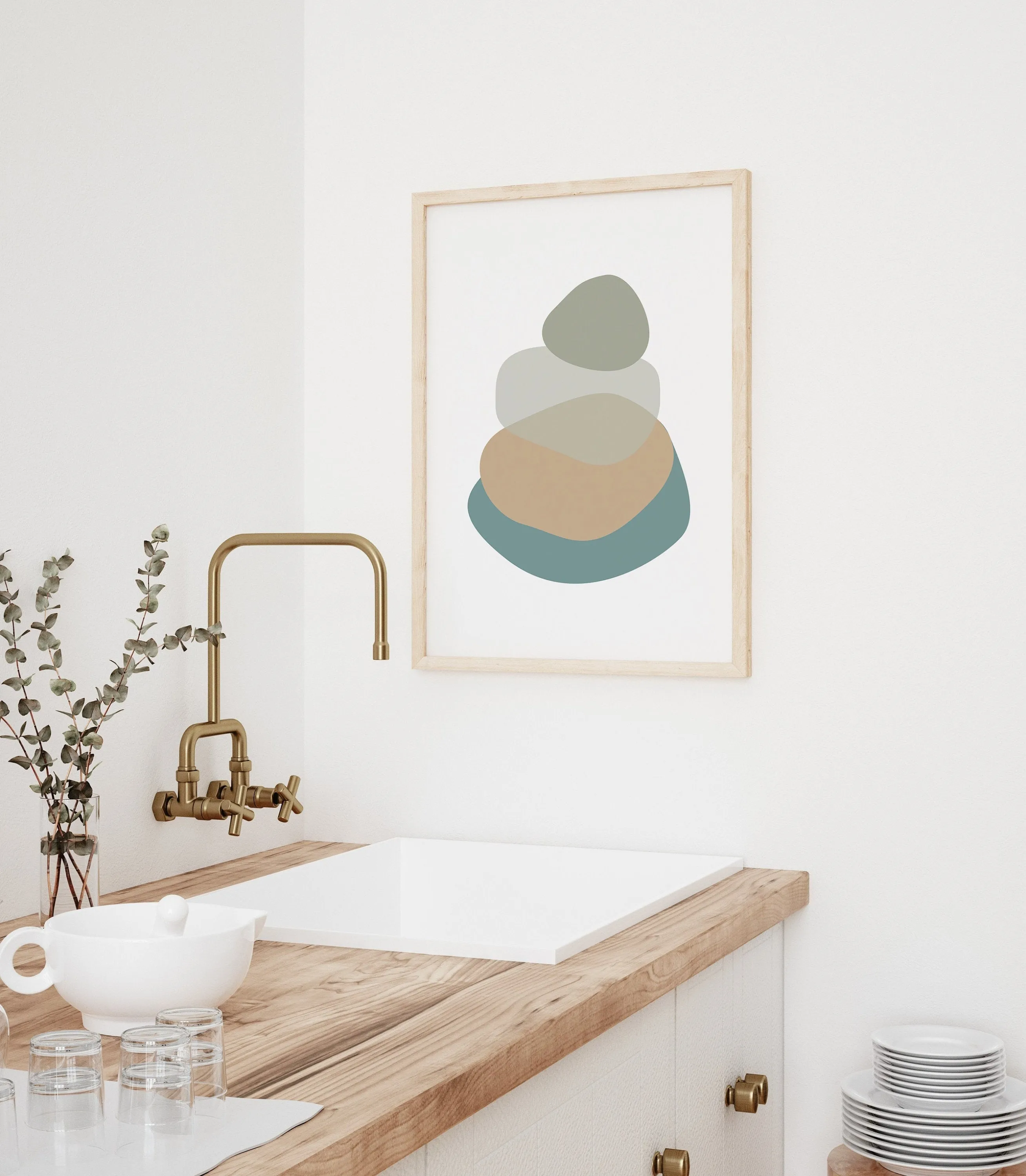 Abstract Bathroom Wall Art in Teal Blue and Sage Green