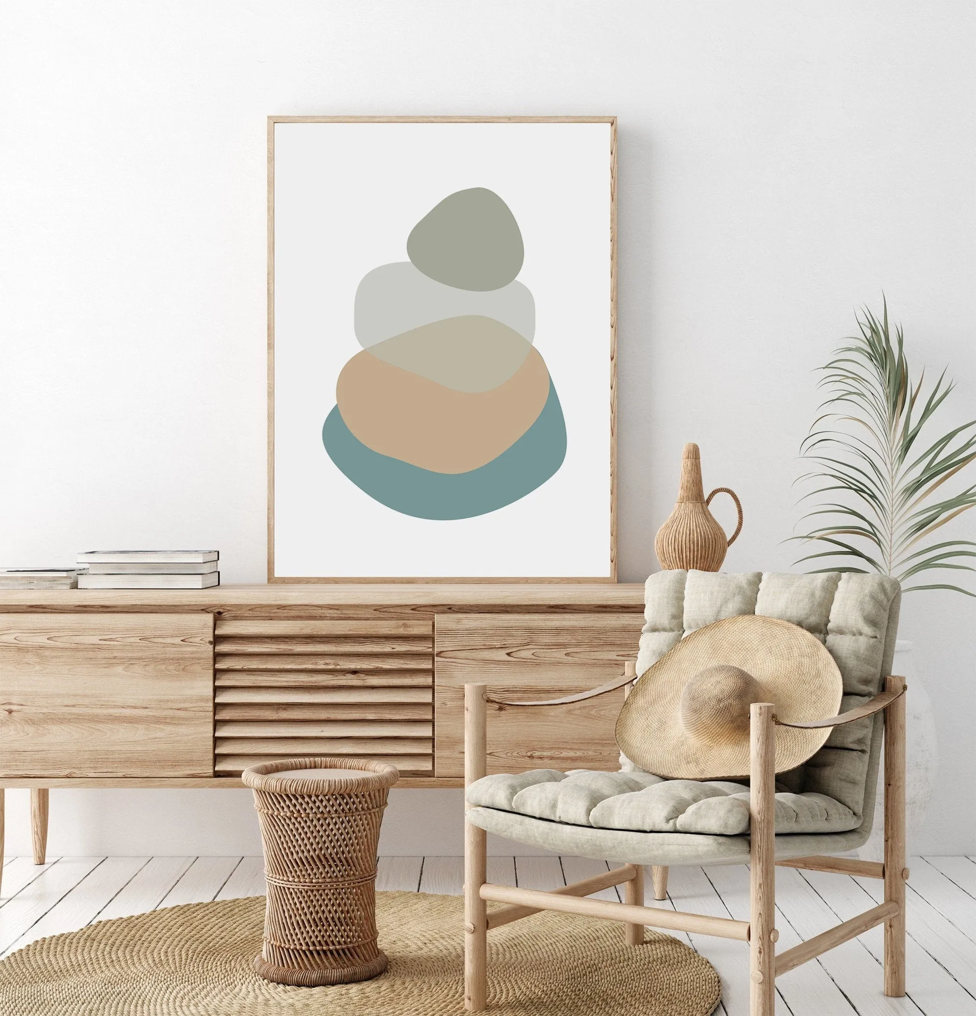 Abstract Bathroom Wall Art in Teal Blue and Sage Green