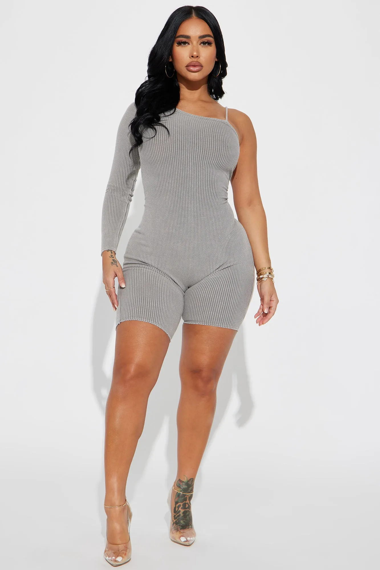 Ada Mineral Wash Rib Romper - Grey