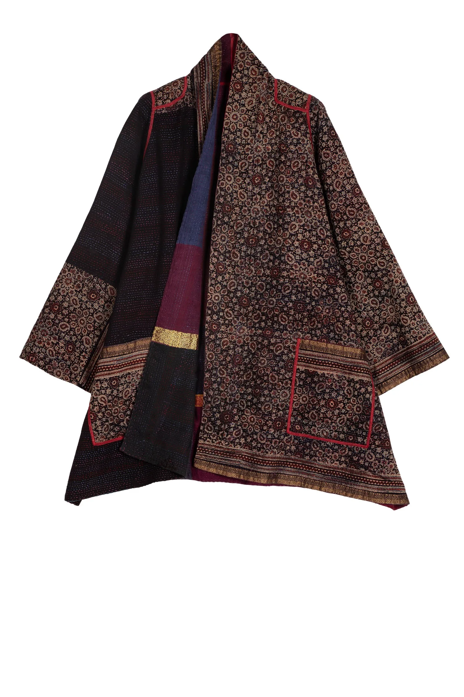 AJRAKH & COTTON OMBRE PATCH KANTHA A-LINE JACKET - ac2003-brn -