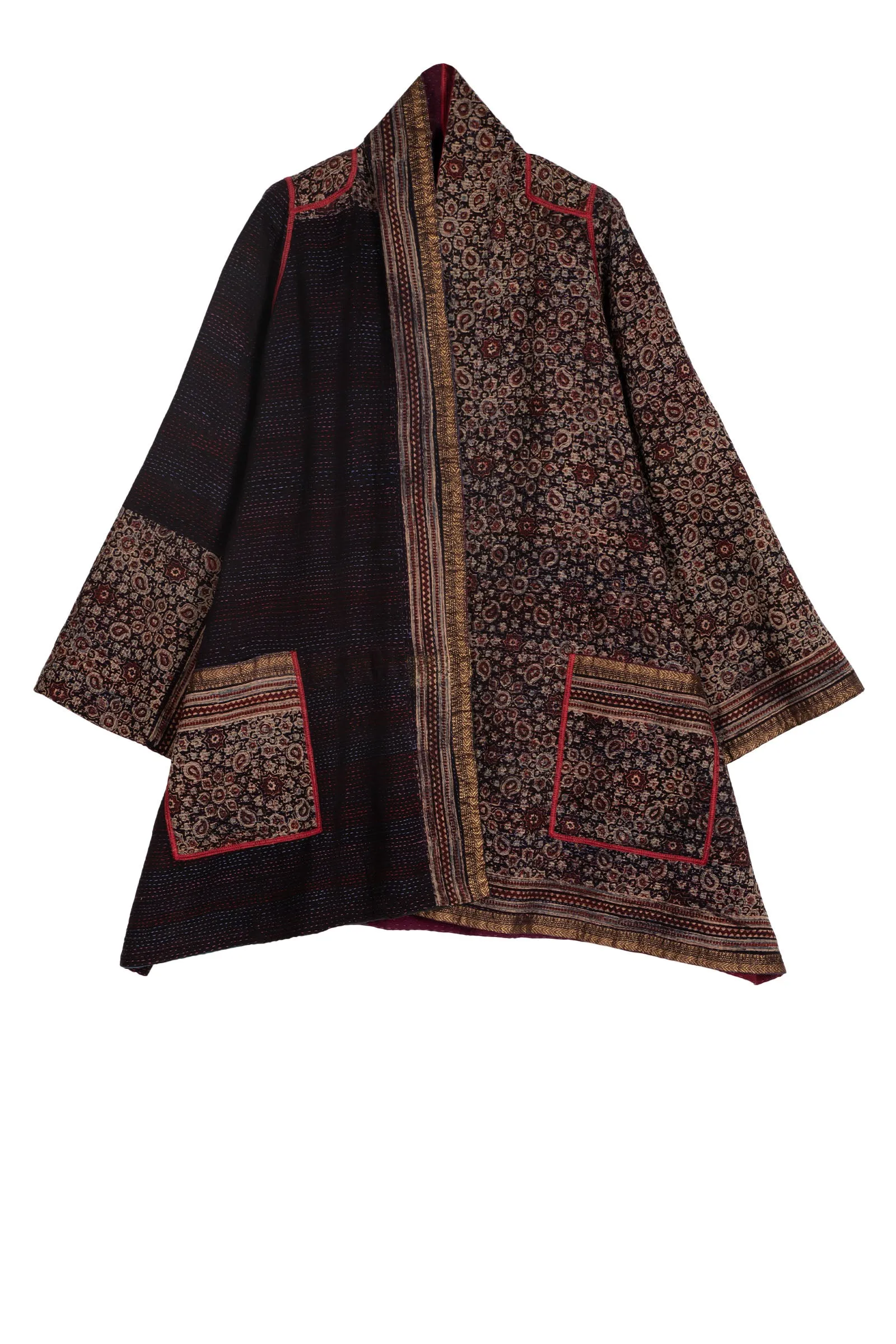 AJRAKH & COTTON OMBRE PATCH KANTHA A-LINE JACKET - ac2003-brn -