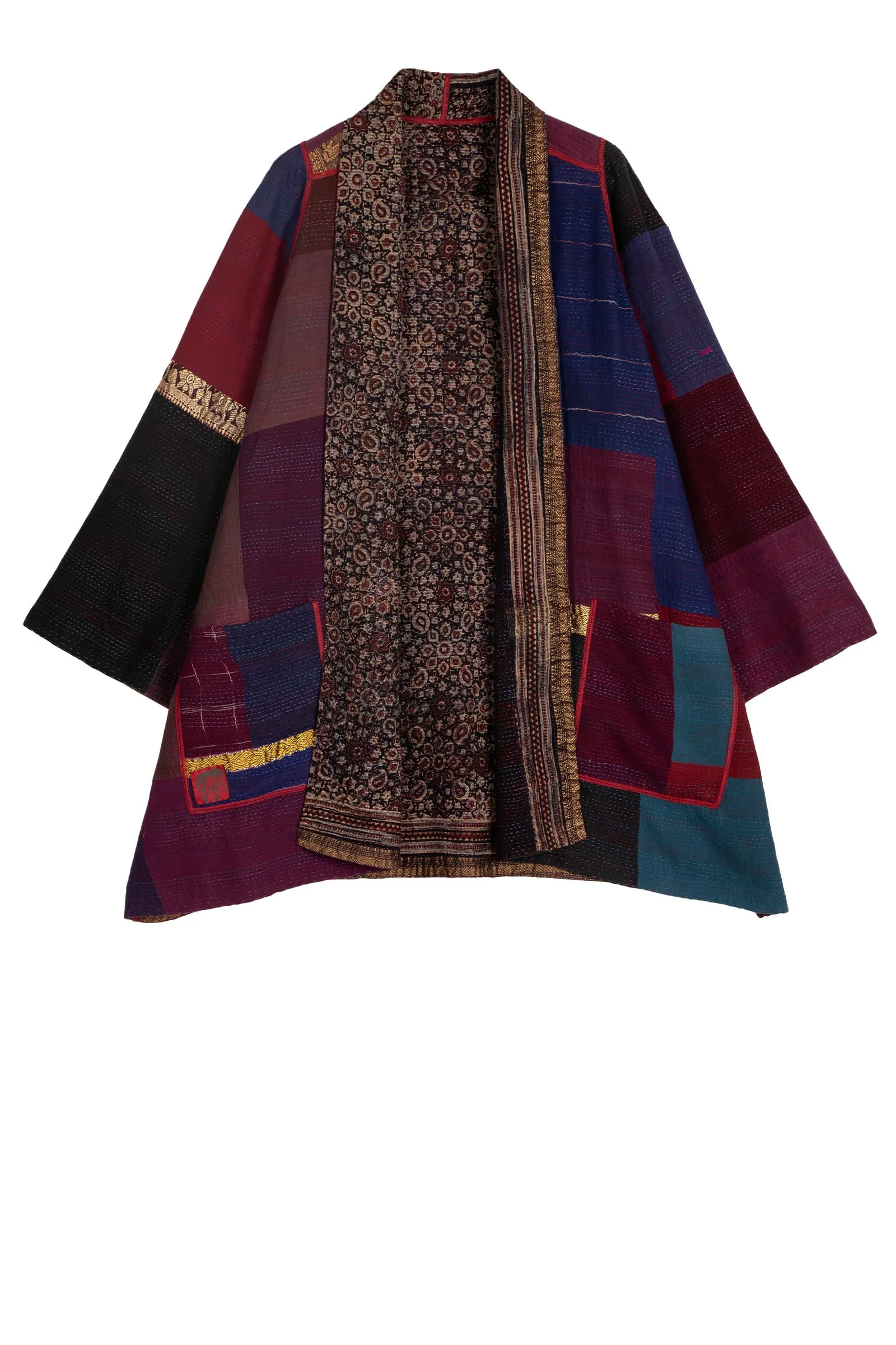 AJRAKH & COTTON OMBRE PATCH KANTHA A-LINE JACKET - ac2003-brn -