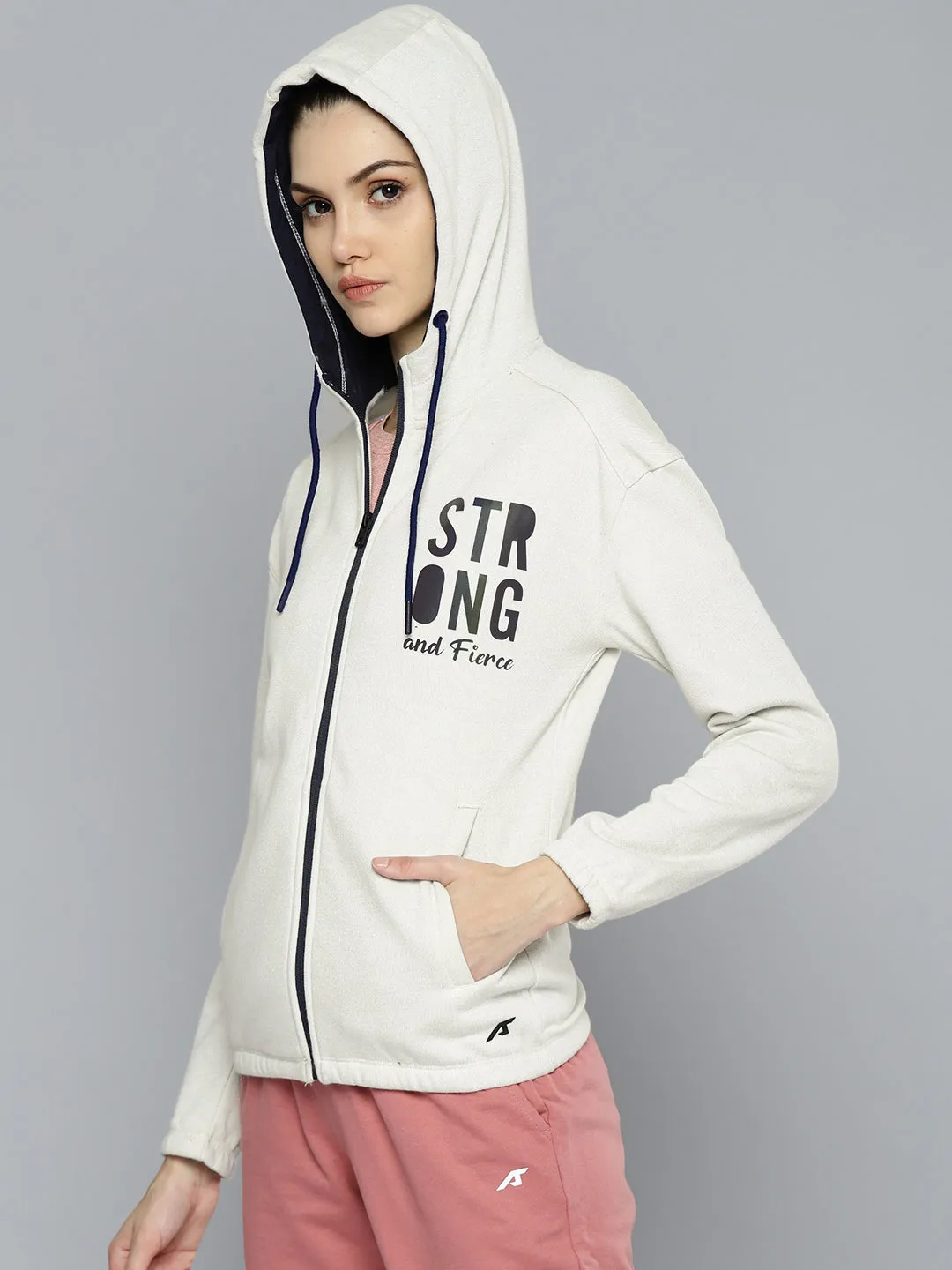 Alcis Women Cream-Coloured Typography Sporty Jacket