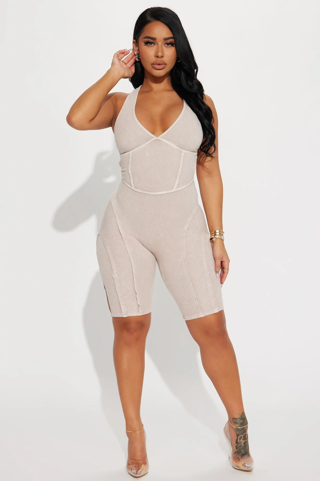 Angel Mineral Wash Rib Romper - Sand