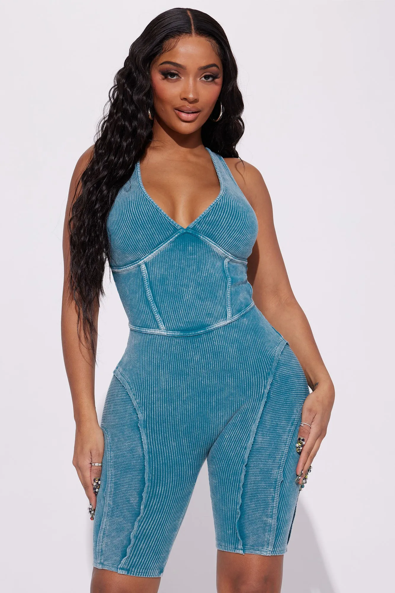 Angel Mineral Wash Rib Romper - Teal