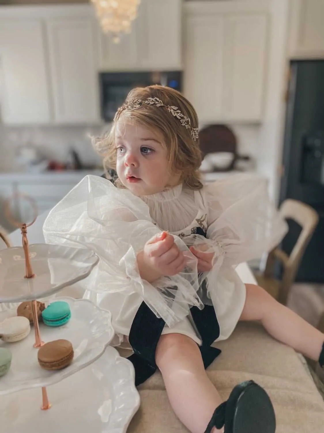 Aurora Ivory Velour Romper with Tulle Puff Sleeves