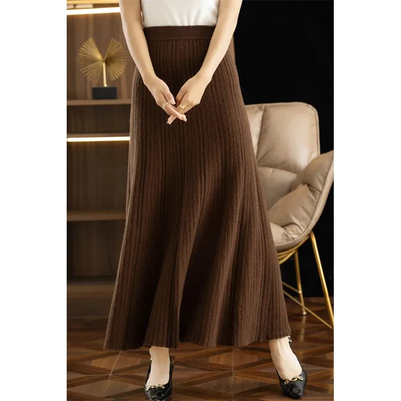 Autumn Winter A-Line Elastic High Waist Knitted Pleated Over Knee Skirt