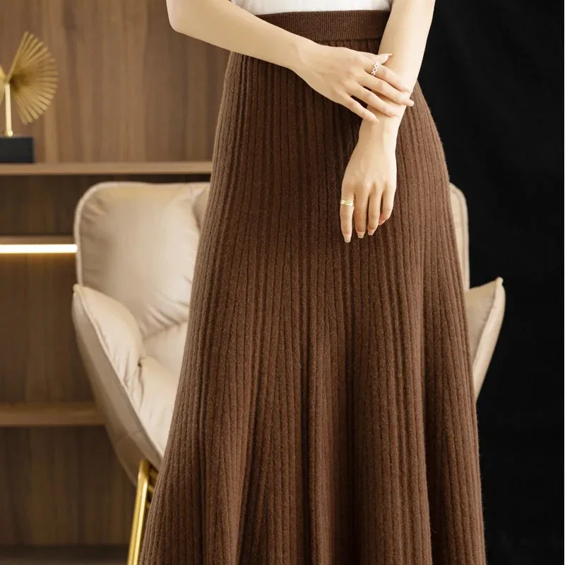 Autumn Winter A-Line Elastic High Waist Knitted Pleated Over Knee Skirt