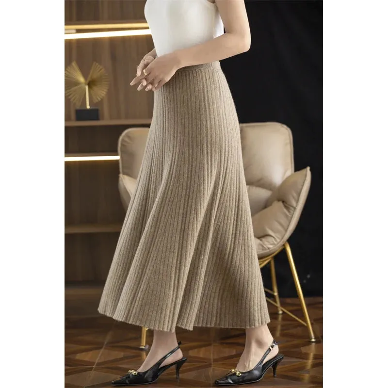 Autumn Winter A-Line Elastic High Waist Knitted Pleated Over Knee Skirt