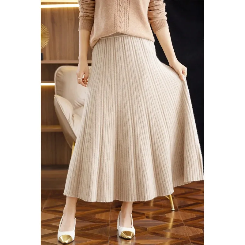 Autumn Winter A-Line Elastic High Waist Knitted Pleated Over Knee Skirt