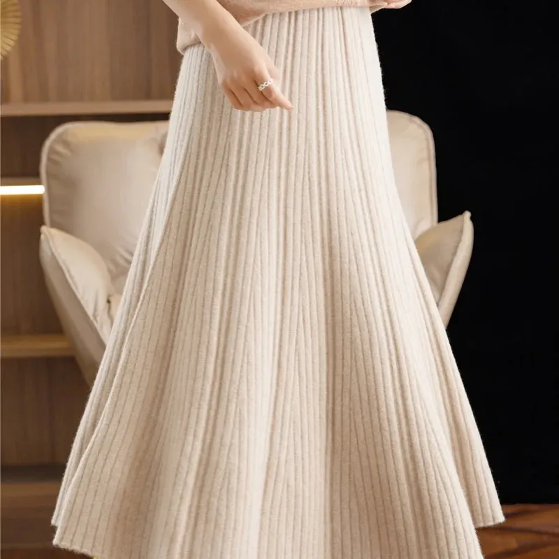 Autumn Winter A-Line Elastic High Waist Knitted Pleated Over Knee Skirt