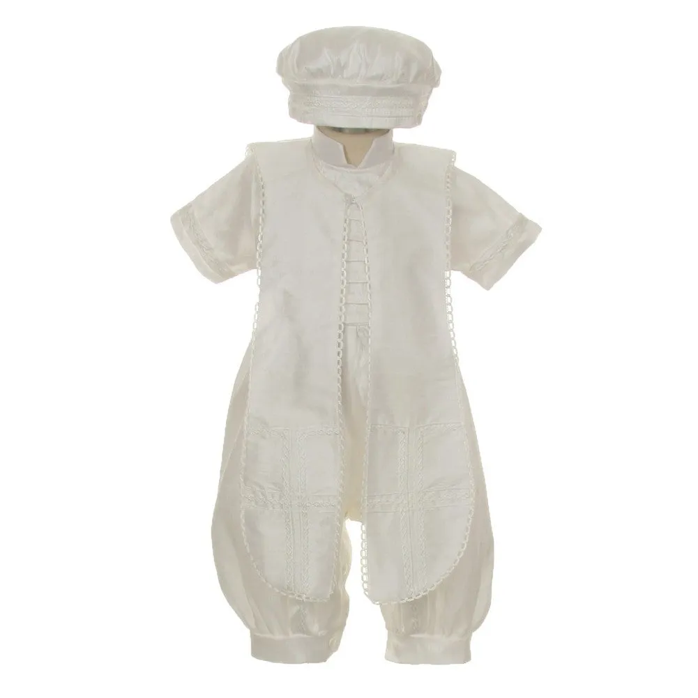 Baby Boys Ivory Silk Button Stole Hat Baptism Romper 6-12M