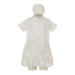 Baby Boys White Silk Cross Embroidered Hat Stole Baptism Romper 6-12M