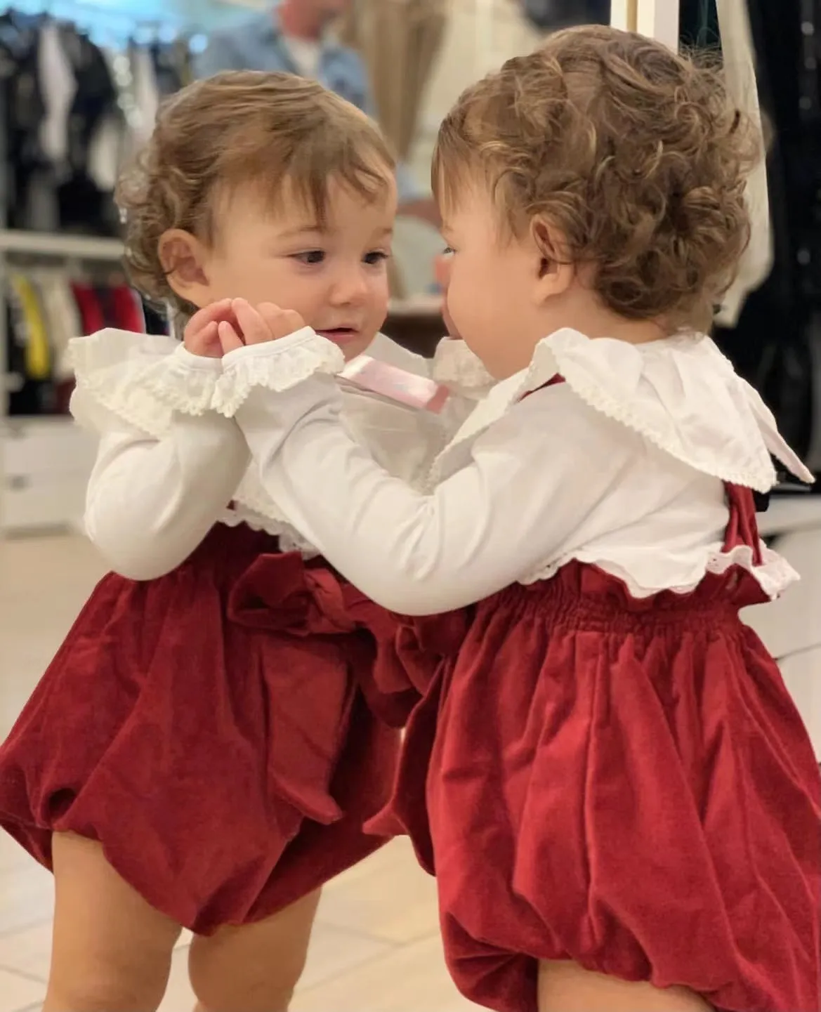 Baby Girl Velvet Romper with Bow in Burgundy