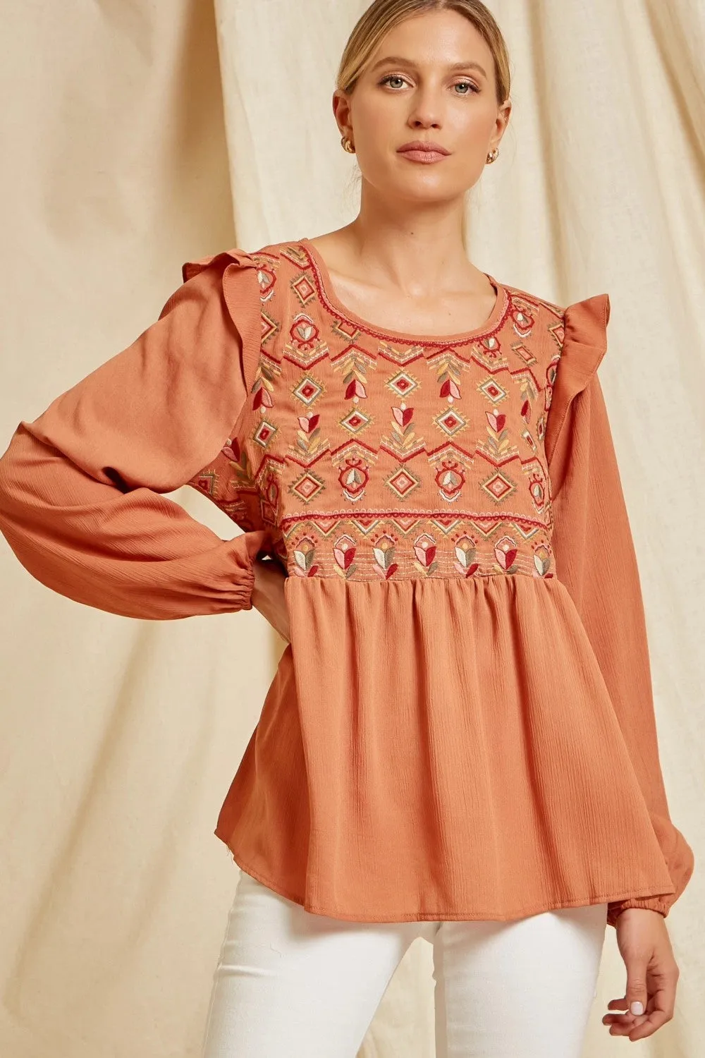 Babydoll Embroidered Top, Rust