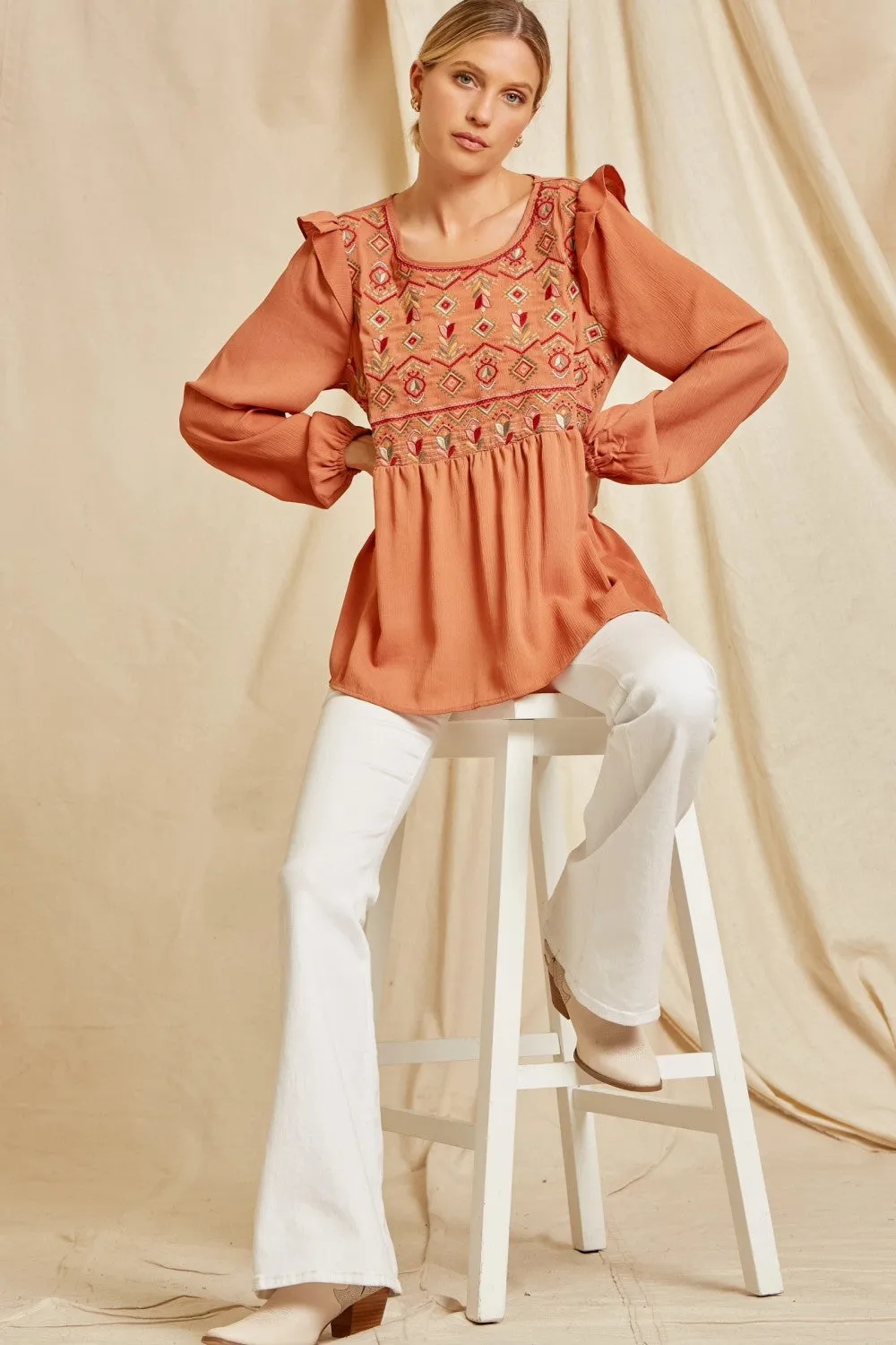 Babydoll Embroidered Top, Rust