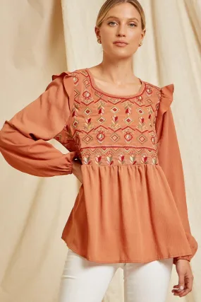 Babydoll Embroidered Top, Rust