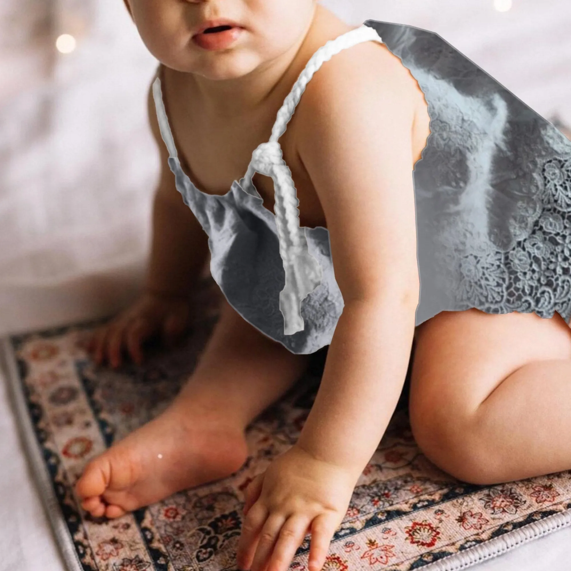 Babymoon Cotton Spaghetti Embroidery Baby Girl’s Frock Dress | Baby Photoshoot Props | Grey