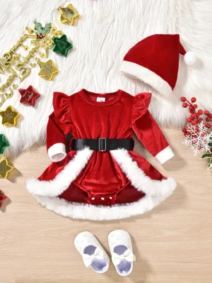 Baby's Christmas Style Elegant Long Sleeve Fuzzy Trim Romper Dress   Hat   Belt, Toddler & Infant Girl's Outdoor Clothing