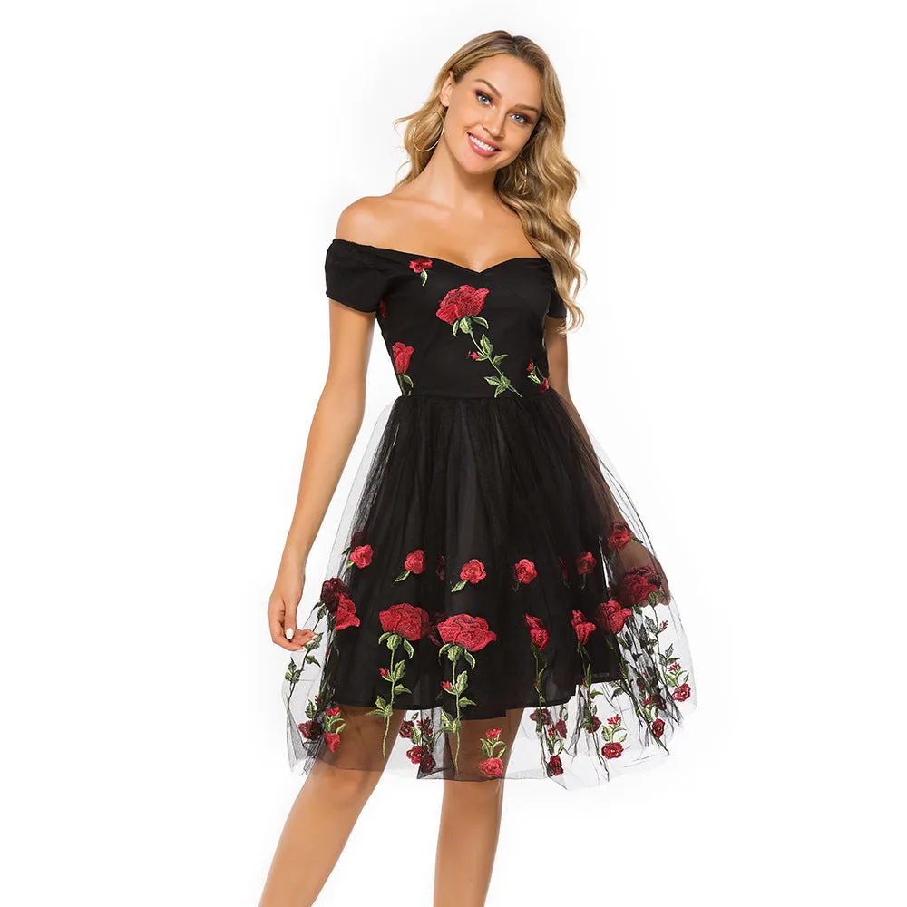 Black 1950s Peony Embroidery Dress