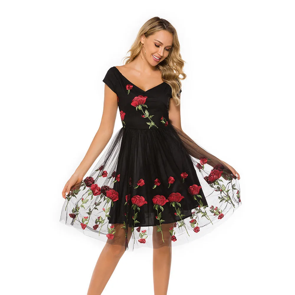 Black 1950s Peony Embroidery Dress