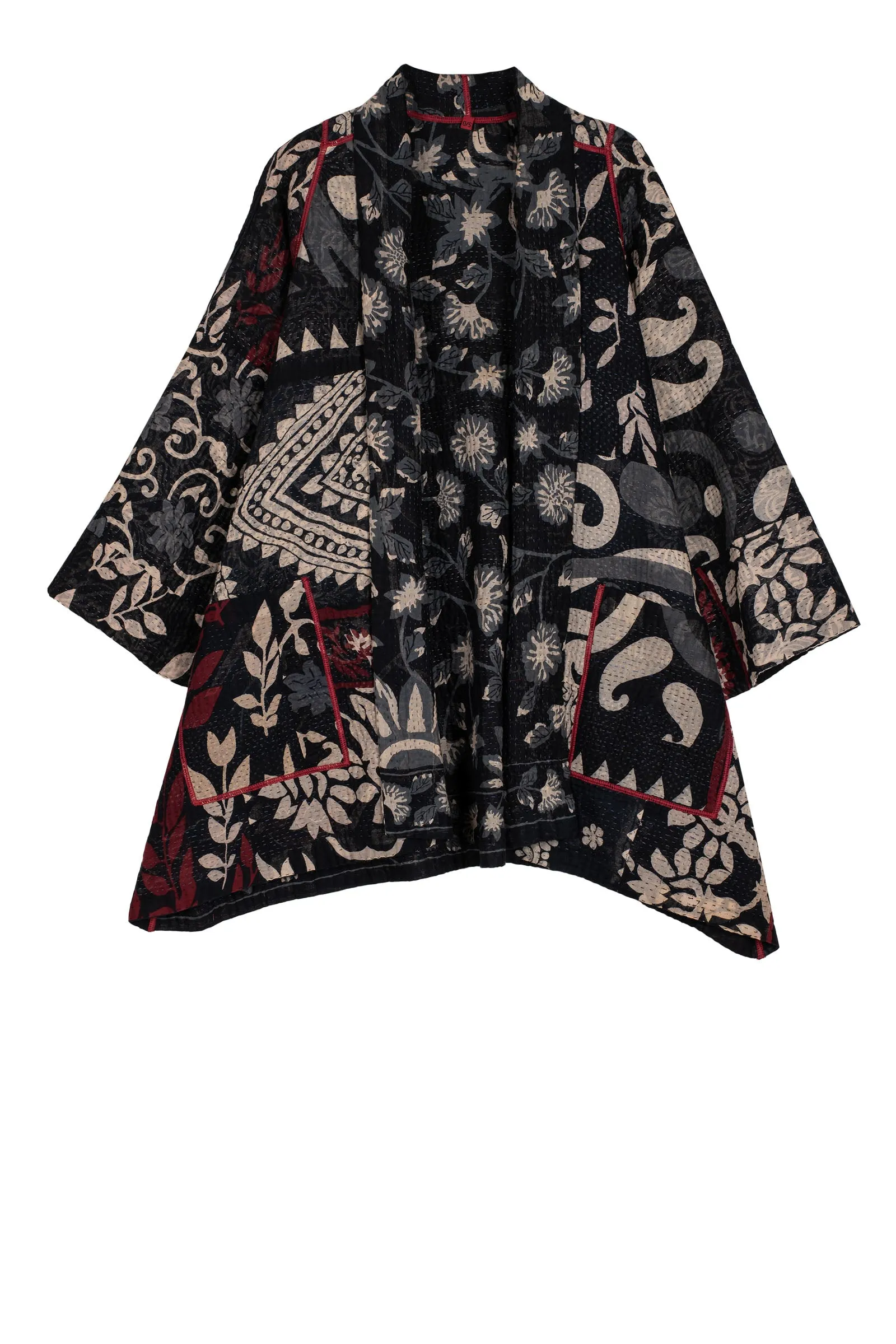 BLACK AND WHITE PRINT PATCH KANTHA A-LINE JACKET - pn4003-blk -