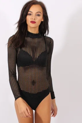 Black Mesh Airtex Long Sleeve Bodysuit - Halley