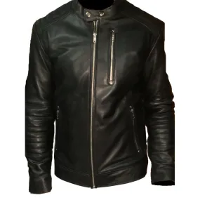 Black moto style jacket with shoulder and arm patches