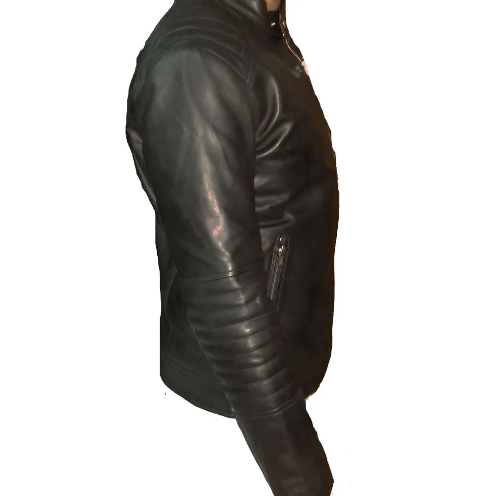 Black moto style jacket with shoulder and arm patches