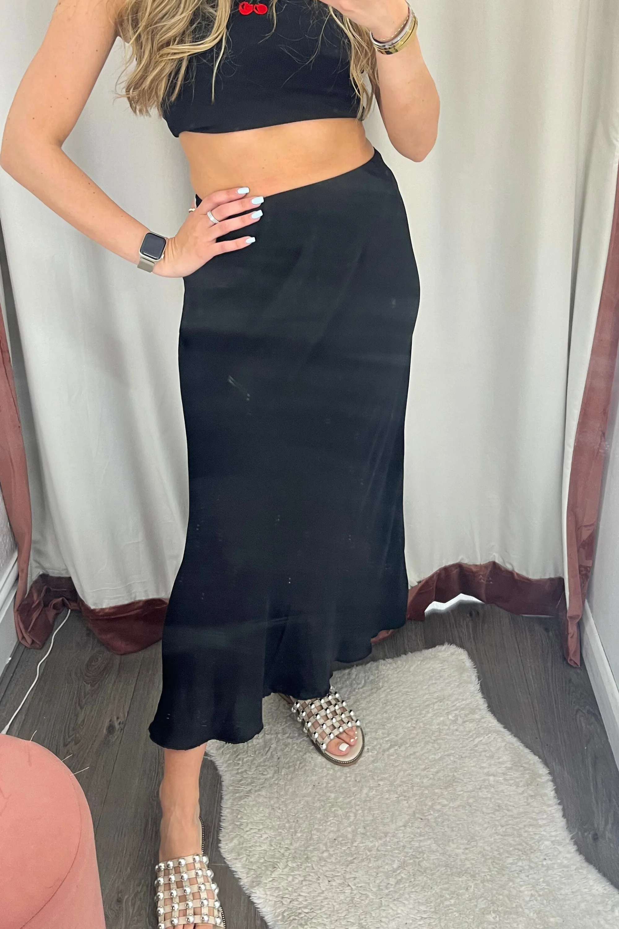 Black satin a-line skirt