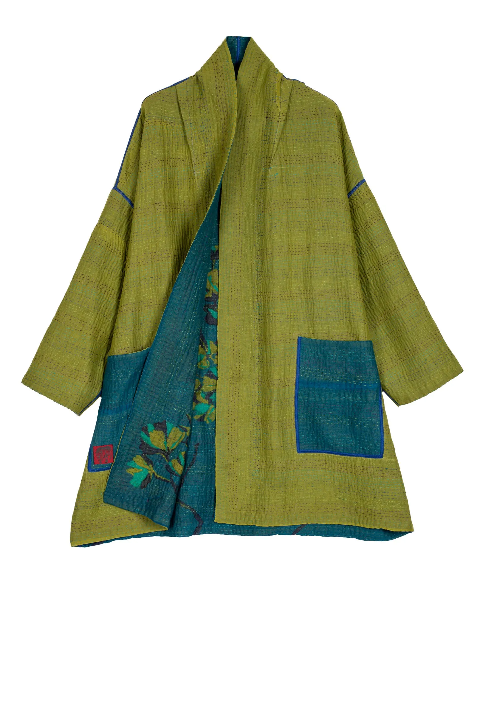 BLOOMING FLOWERS KANTHA HAORI JACKET - bf4068-blu -