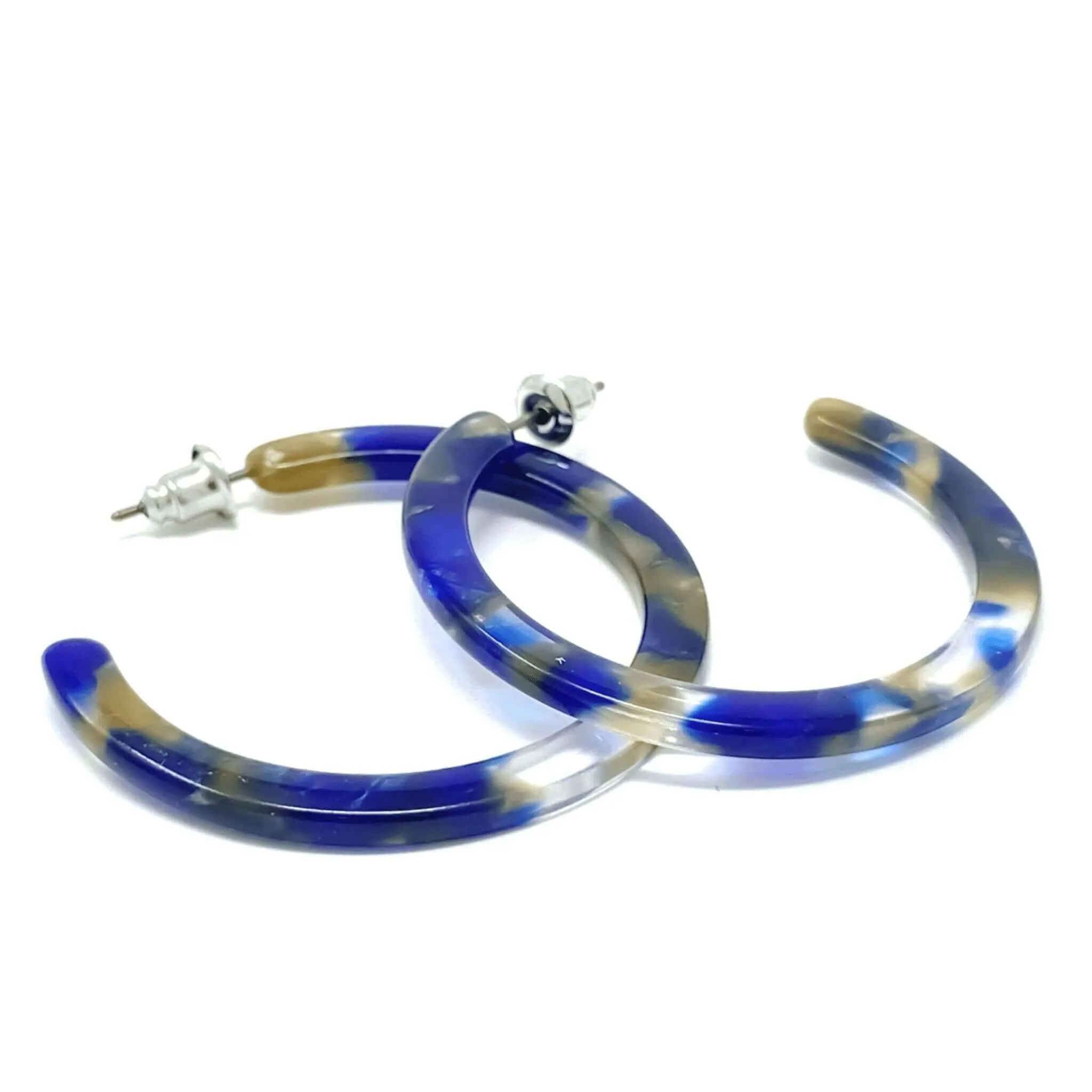 Blue Marbled Stud Hoop Resin Earrings