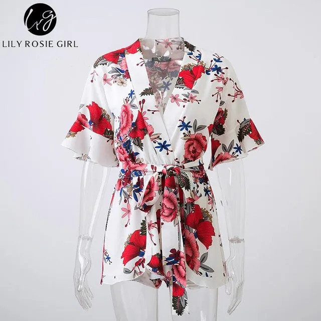 Boho Red Floral Print Ruffles Playsuits Women Elegant Autumn White V Neck Jumpsuits Rompers Sexy Beach Girls Short Overalls