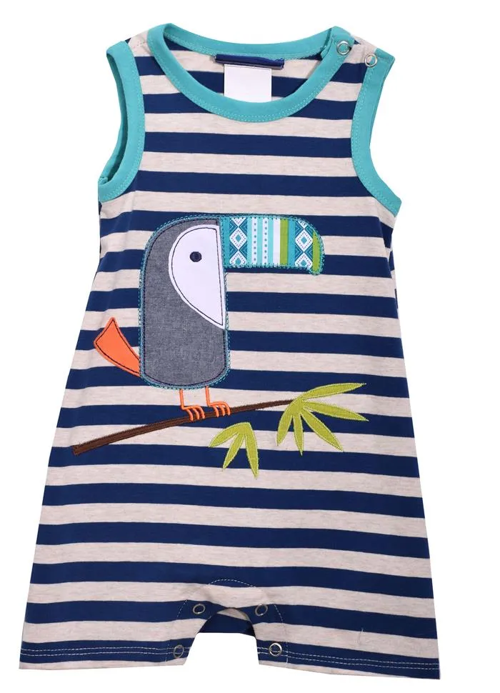 Bonnie Jean Boys Blue Gray Shortall Shorts Set with Toucan Bird Applique