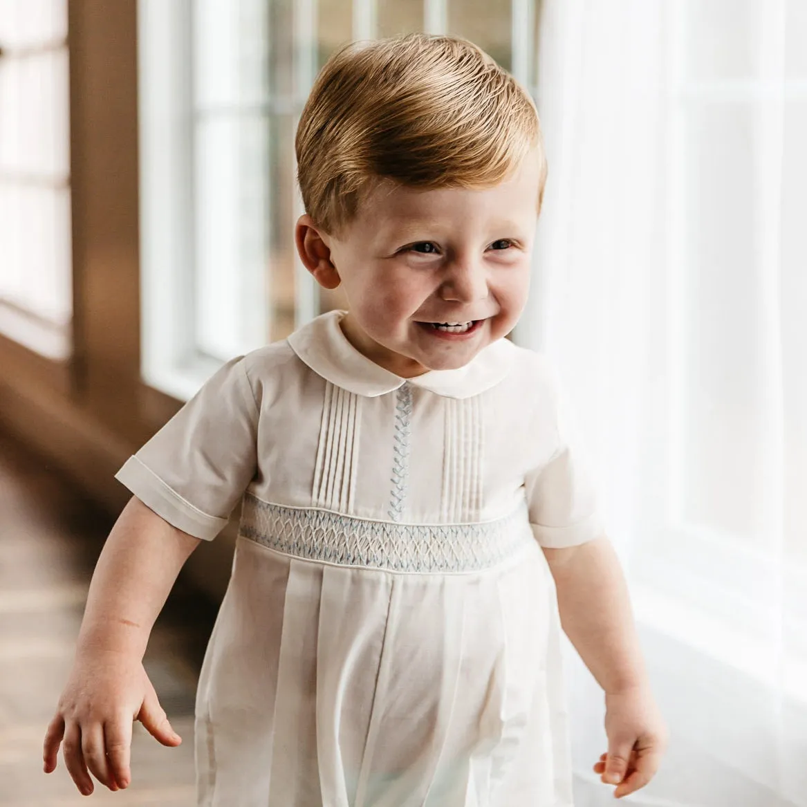 Boys Vintage Smocked Romper - Ivory