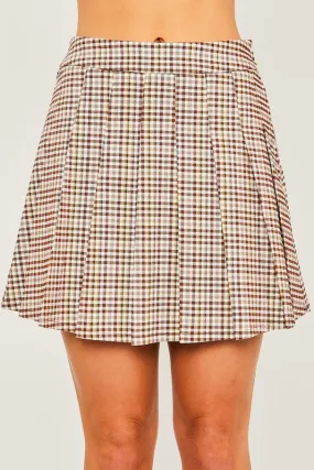 Brown Combo Woven Yarn Dye Pleated Mini Skirt