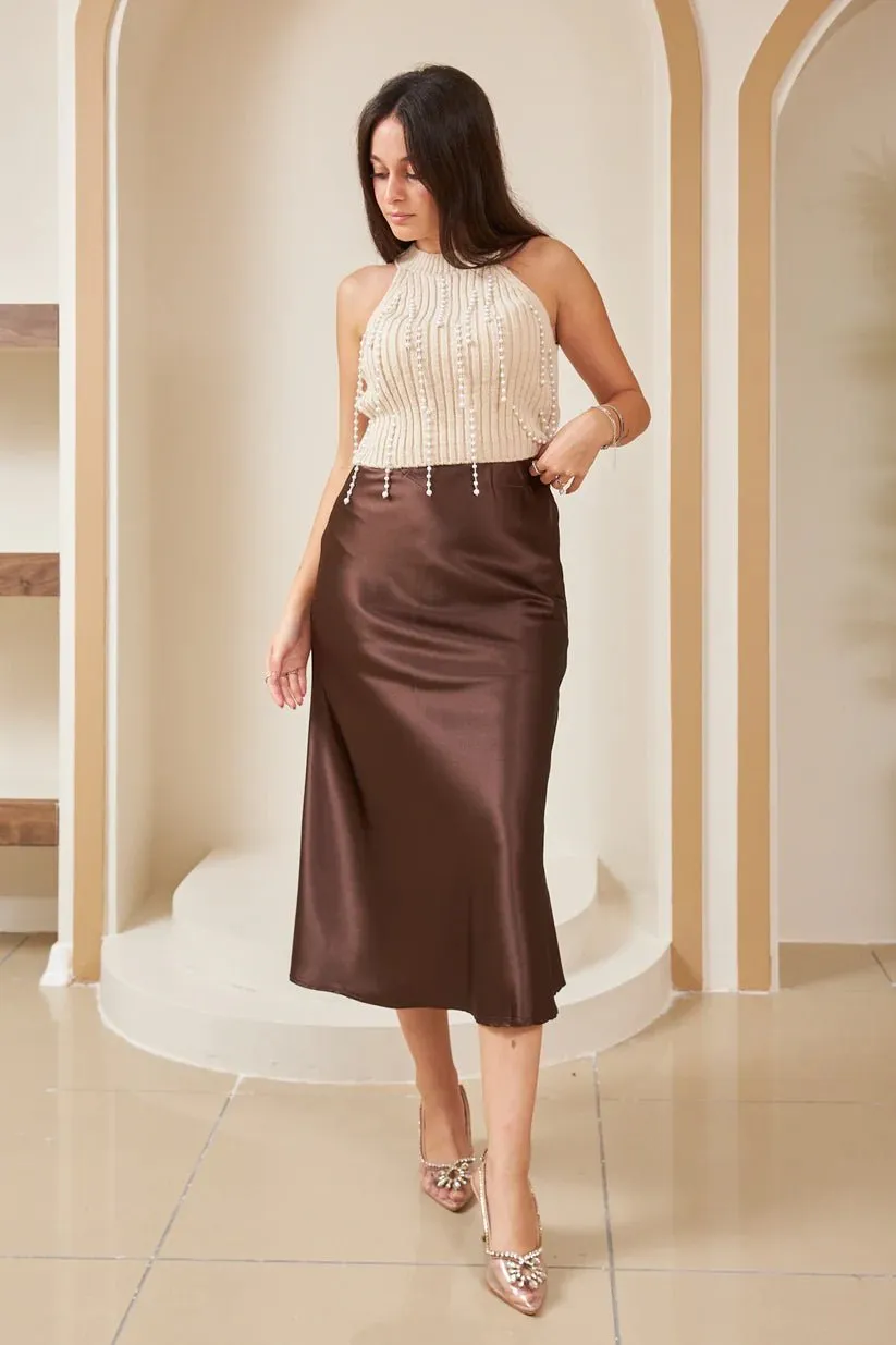 Brown Elastic Satin Skirt