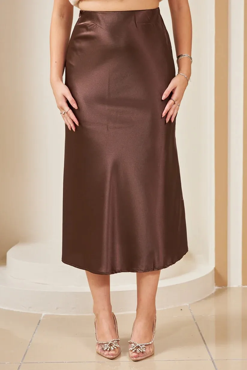 Brown Elastic Satin Skirt