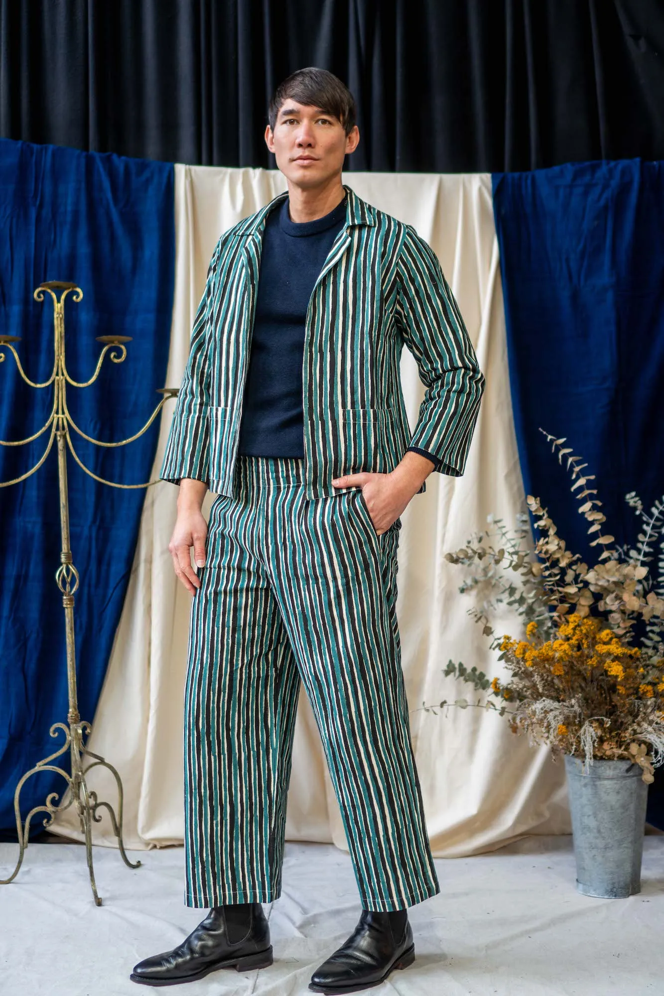 Button Pants Full Length - Teal and Black Stripe Print