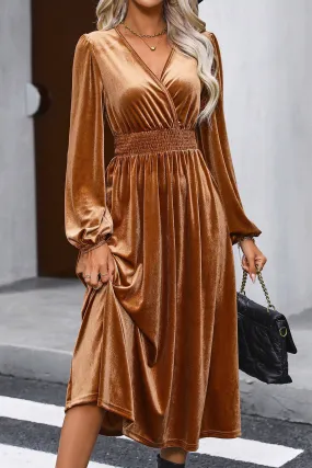 Camel Wrap V Neck Smocked High Waist Long Sleeve Velvet Midi Dress