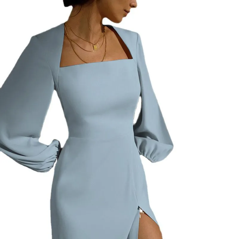 Casual Lantern Long Sleeve Slit Midi Dress