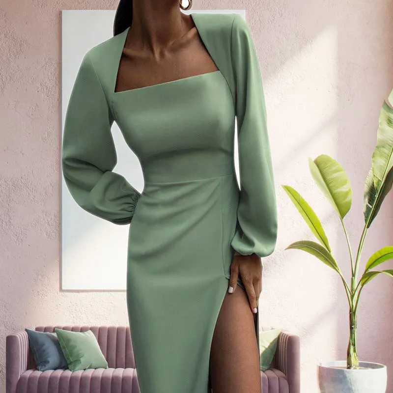 Casual Lantern Long Sleeve Slit Midi Dress