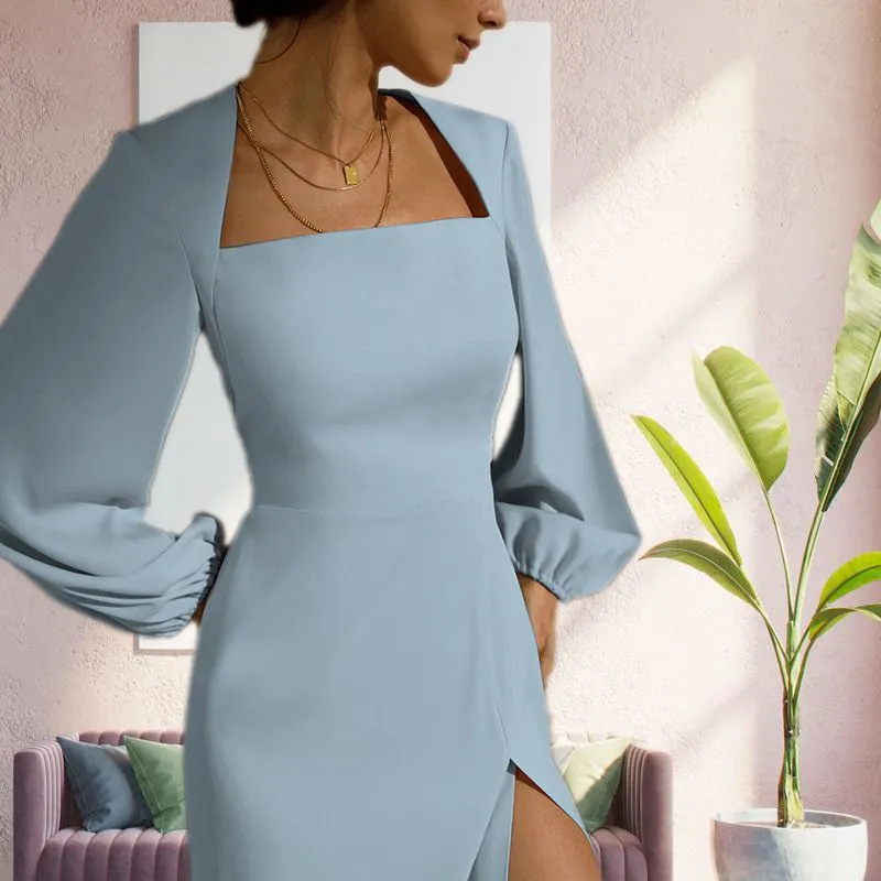 Casual Lantern Long Sleeve Slit Midi Dress