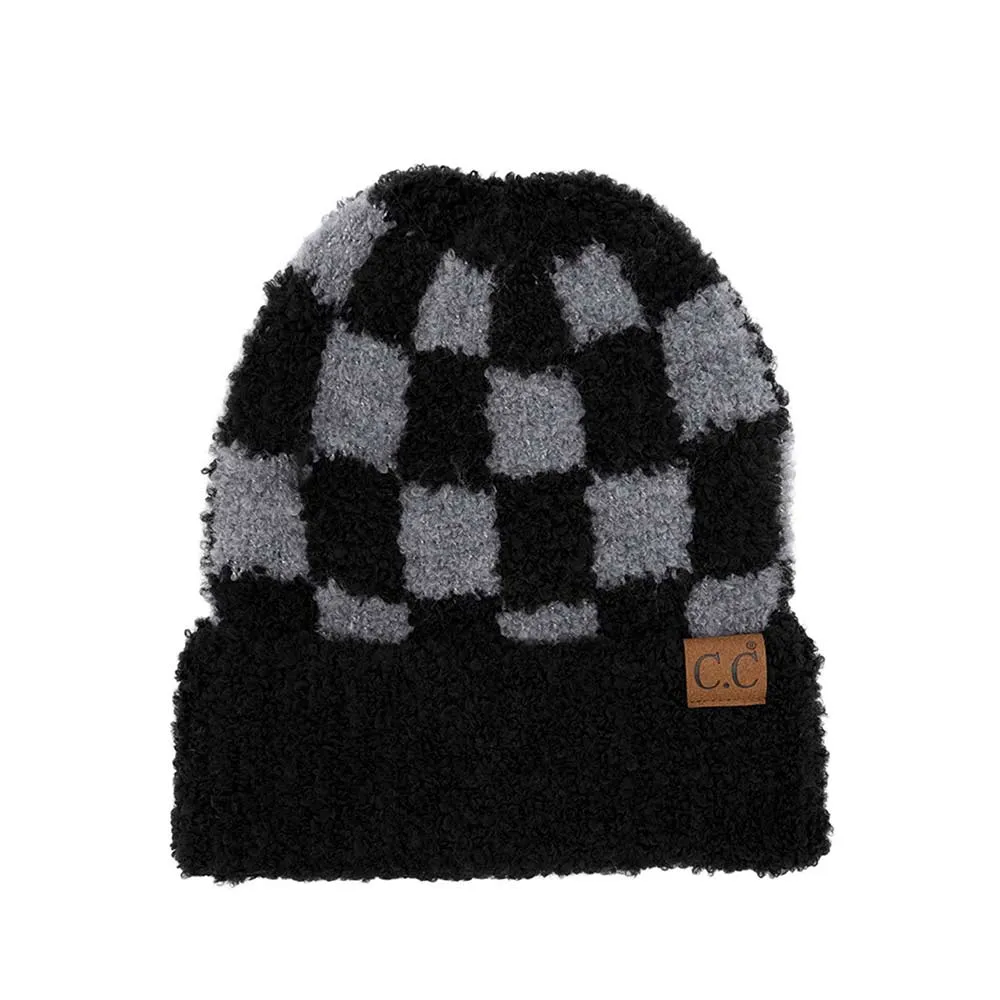 C.C Checkered Pattern Boucle Cuff Beanie